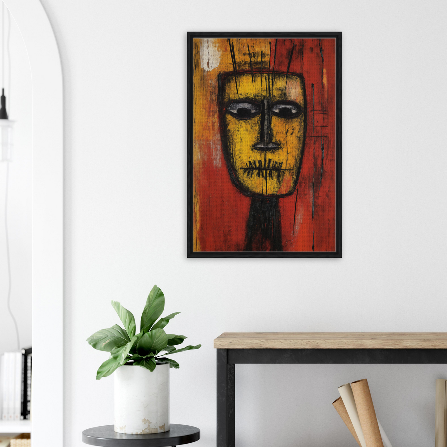 Abstract painting of a stylized face in red, yellow, and black for Tribal Psyche Dance