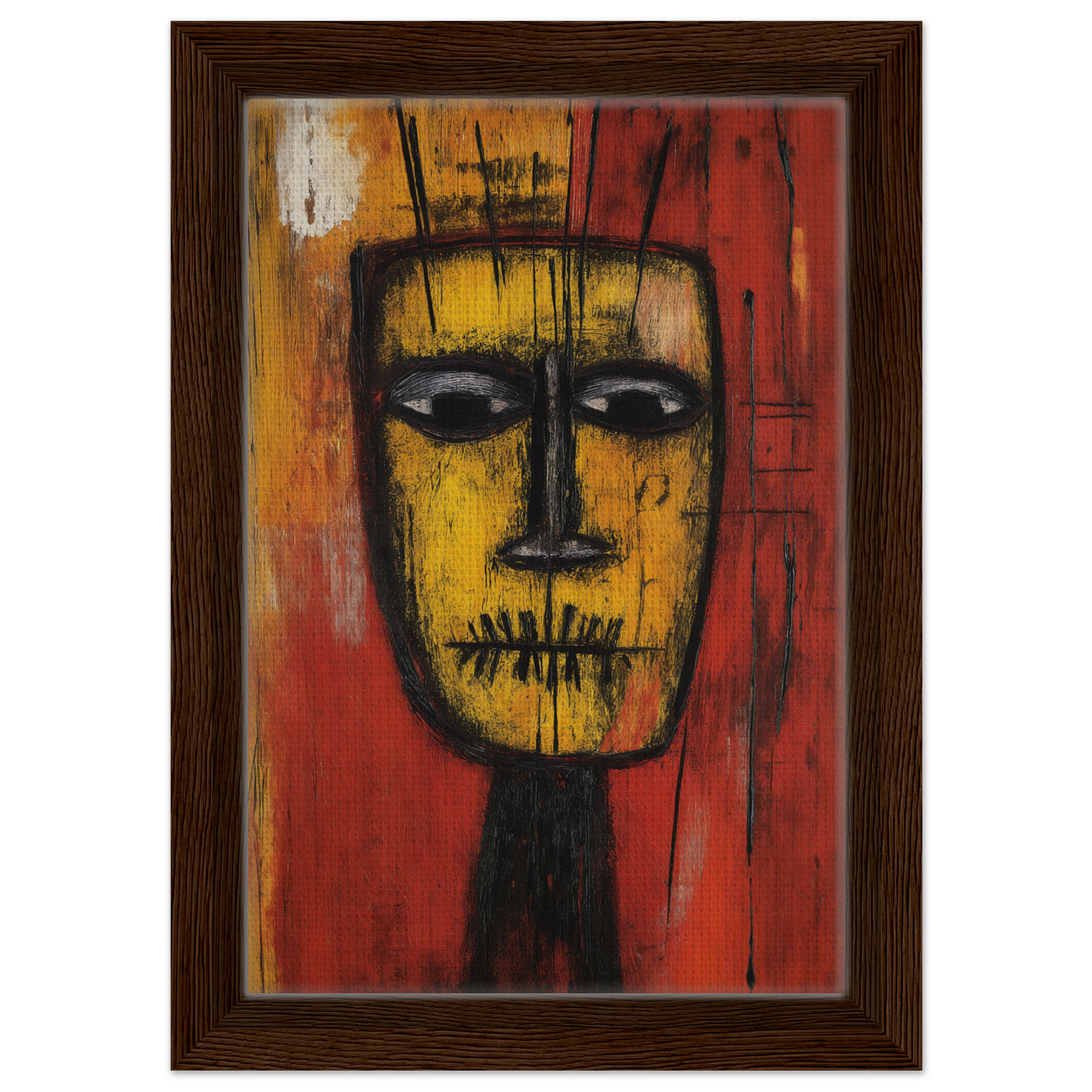 Abstract painting of a yellow face on red background for Tribal Psyche Dance framed canvas print