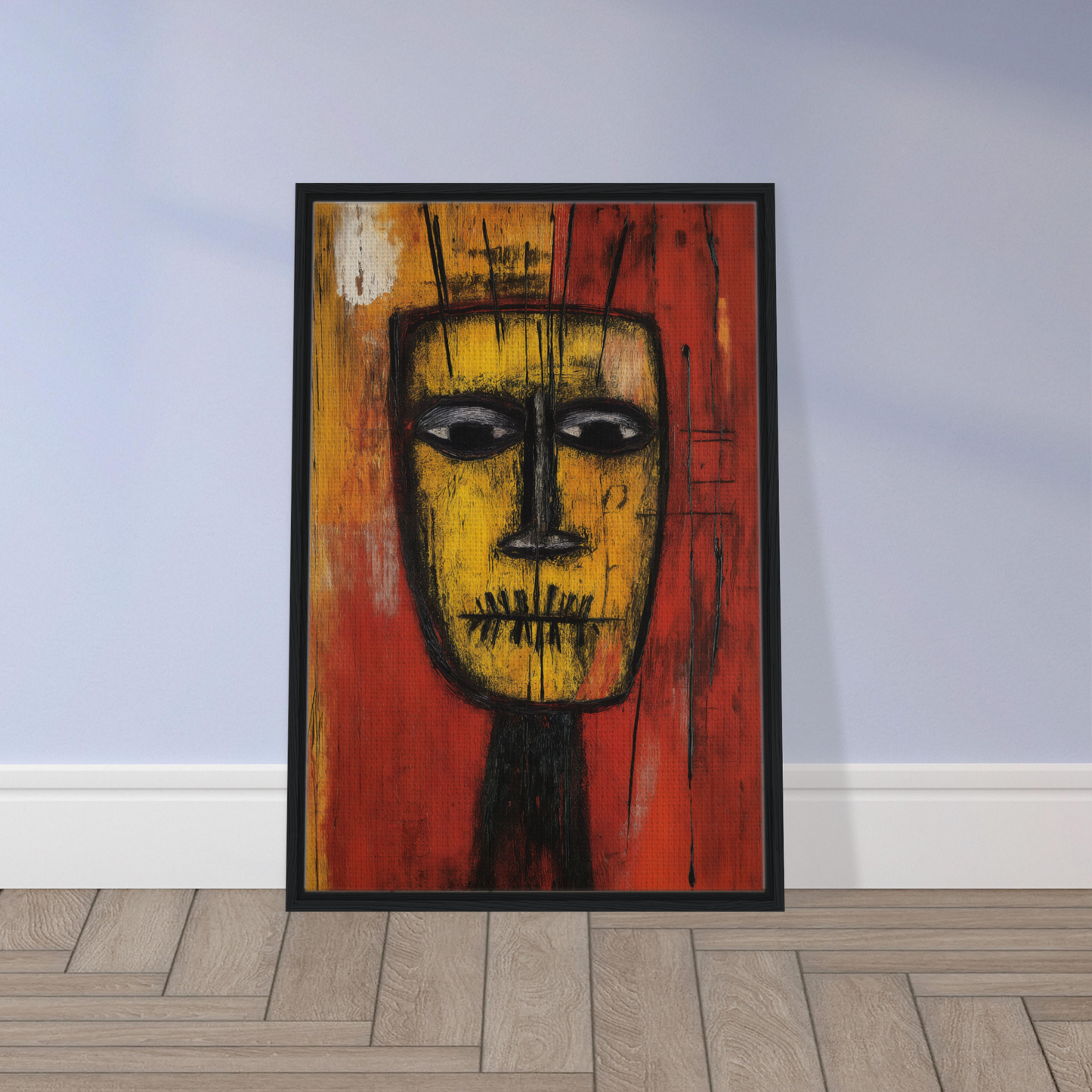 Abstract painting of a yellow face on red background for Tribal Psyche Dance room decor