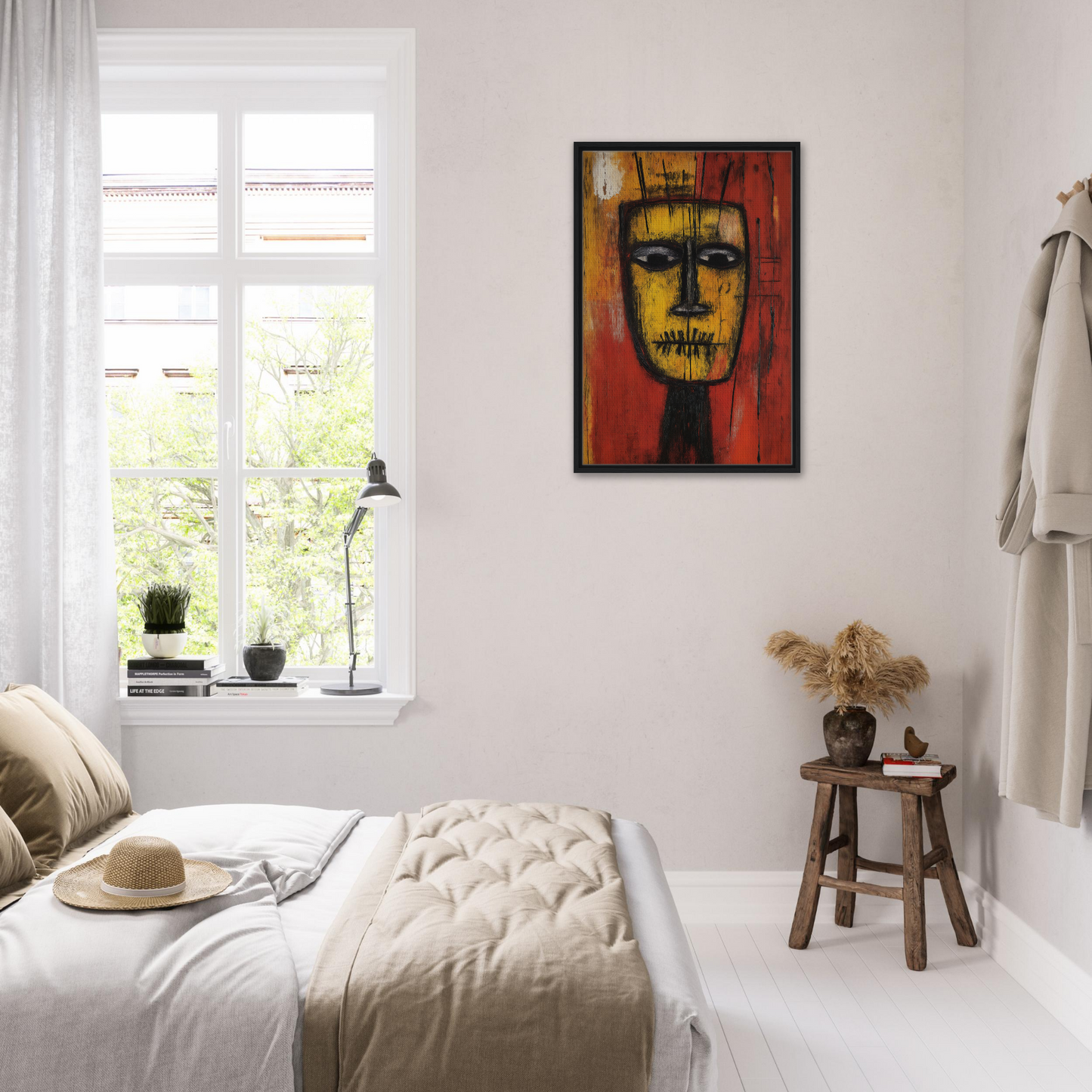 Bright abstract portrait painting featuring a yellow face for tribal psyche dance room decor