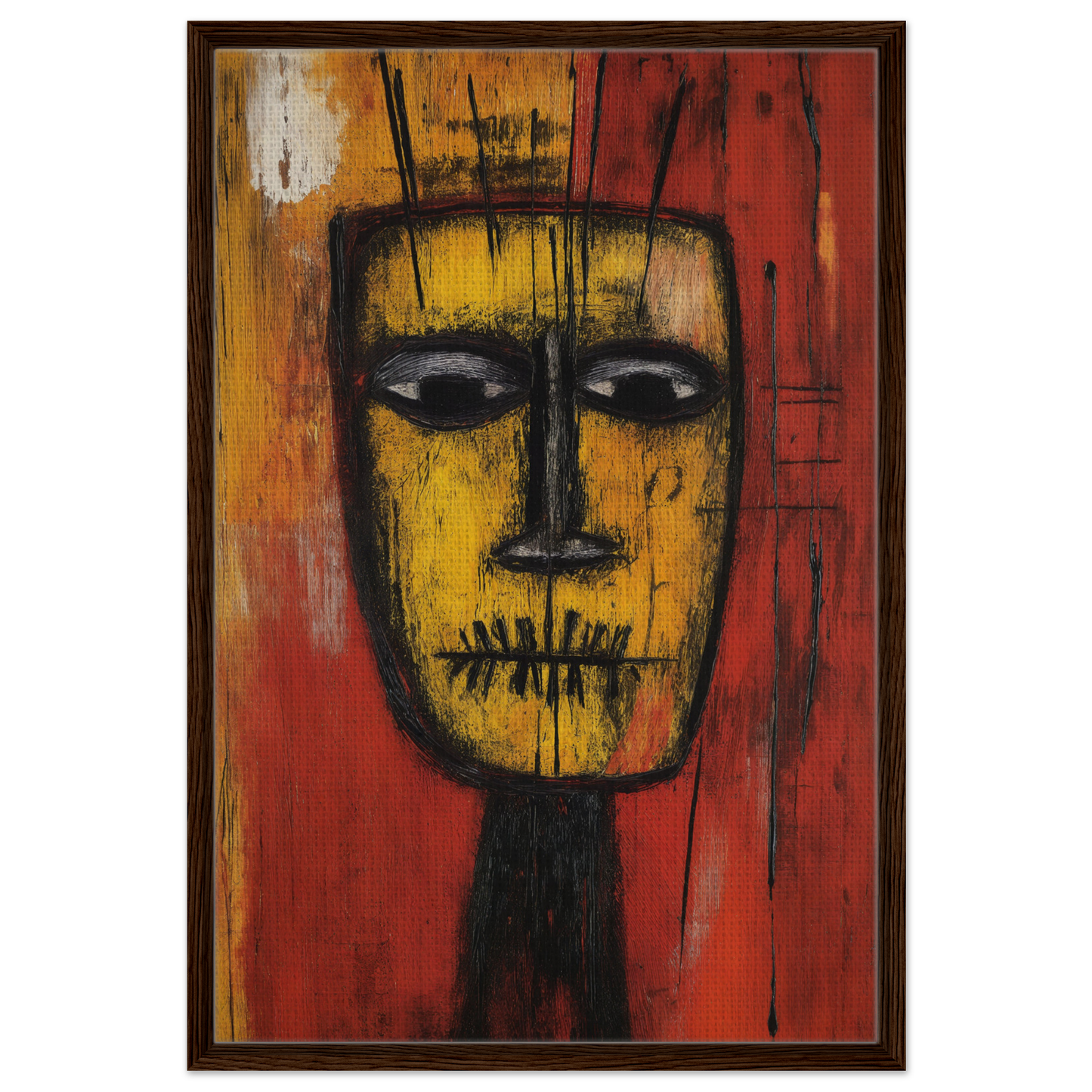 Abstract painting of a stylized face in yellow and black for Tribal Psyche Dance framed canvas print