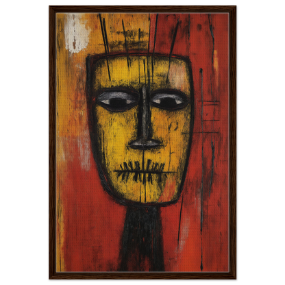 Abstract painting of a stylized face in yellow and black for Tribal Psyche Dance framed canvas print