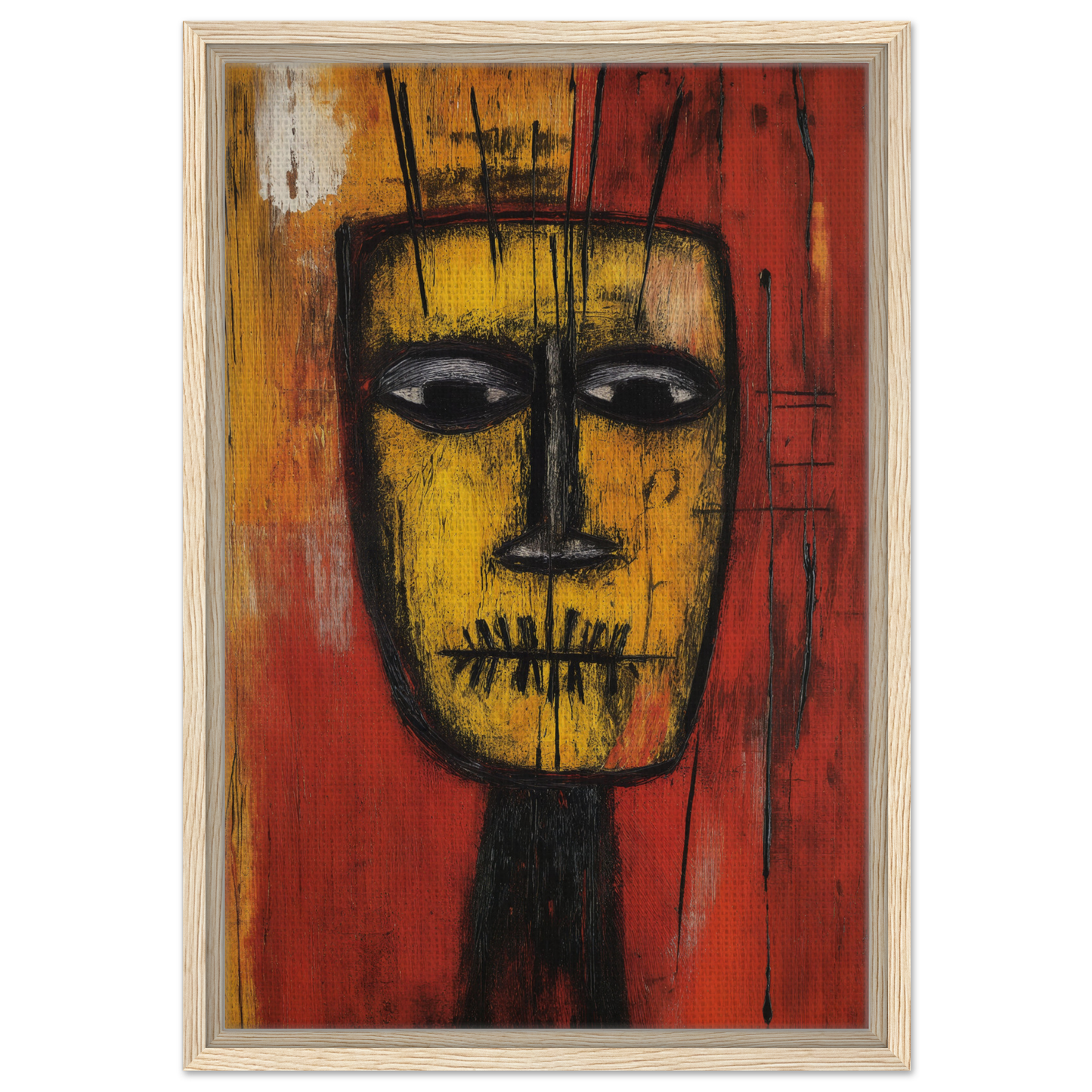 Stylized yellow face with stitched mouth on red background for Tribal Psyche Dance decor