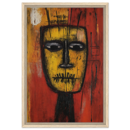 Stylized yellow face with stitched mouth on red background for Tribal Psyche Dance decor