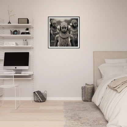 Minimalist bedroom showcasing Tribal Signal Symphony with floating shelves and desk setup