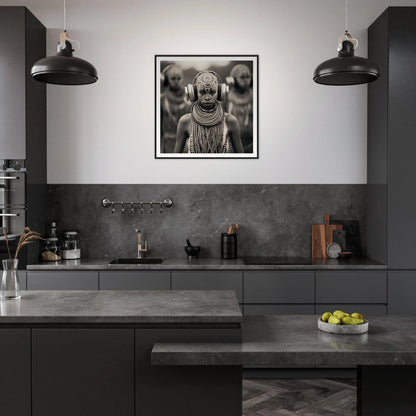 Modern dark gray kitchen featuring Tribal Signal Symphony art and industrial pendant lights