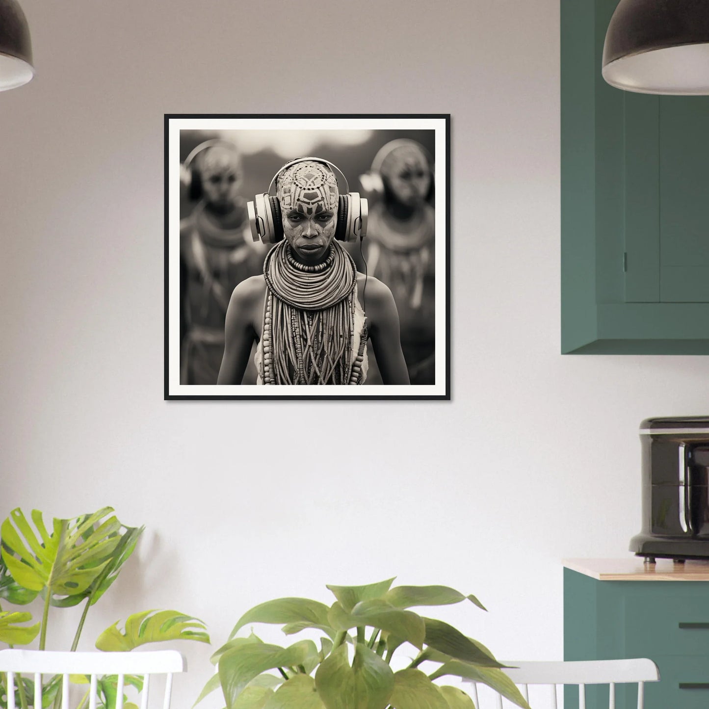 Framed black and white photo of tribal person with neck rings in Tribal Signal Symphony