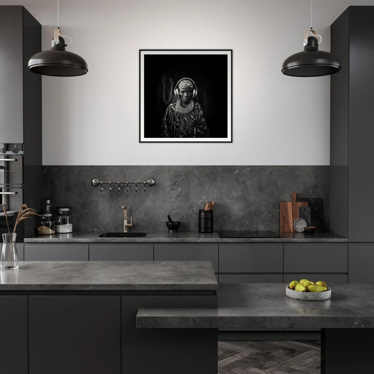 Modern dark gray kitchen with industrial lights and Tribal Why-Fi art on the wall