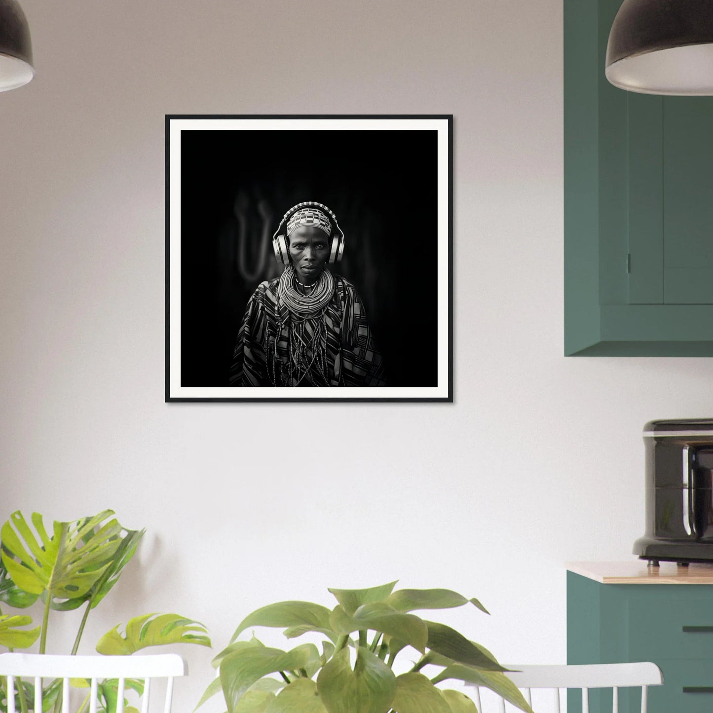 Black and white framed portrait of person in headphones and African attire, Tribal Why-Fi