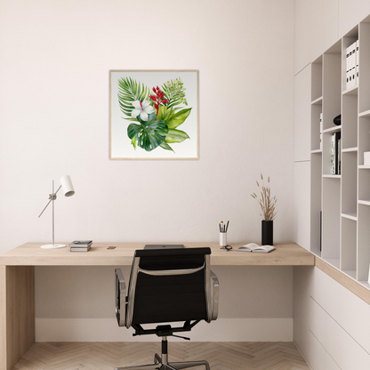 A tropical plant with red flowers on a white background framed in a white wall