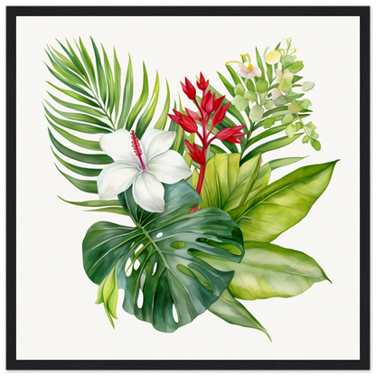 Tropical print with white flowers and green leaves