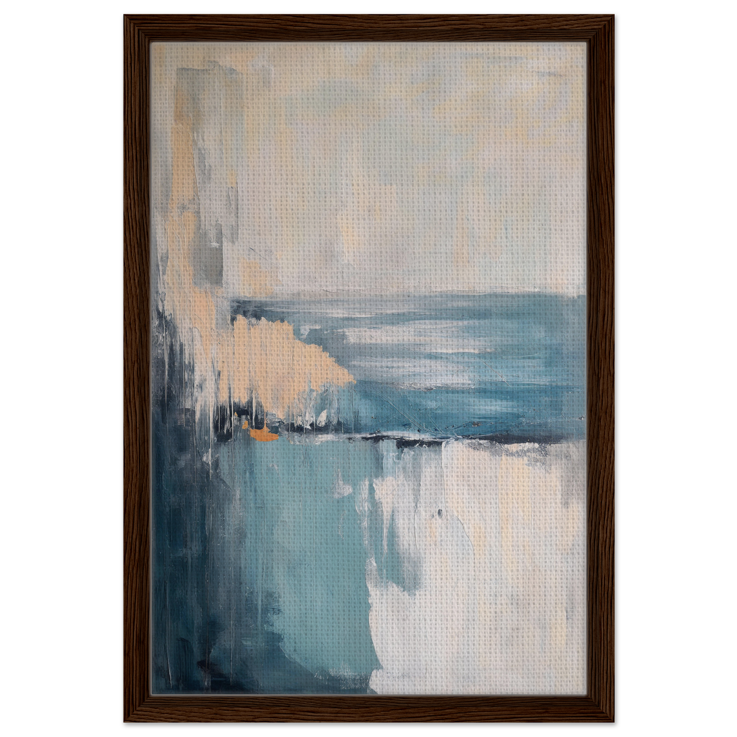 Abstract painting of muted blue and beige tones for Turbulent Serenity Mare framed canvas print