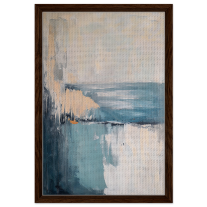 Abstract painting of muted blue and beige tones for Turbulent Serenity Mare framed canvas print