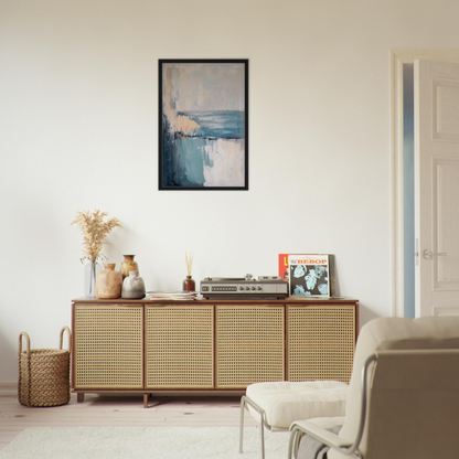 Wooden sideboard with cane-webbed doors and decor atop Turbulent Serenity Mare design