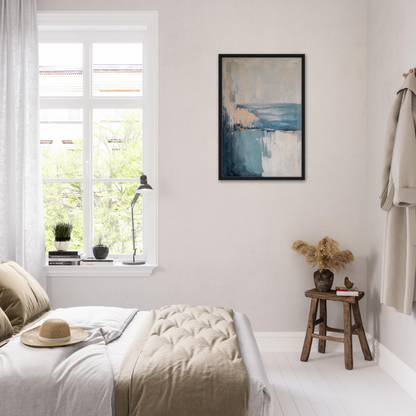 Bright airy bedroom featuring Turbulent Serenity Mare framed canvas print and white decor