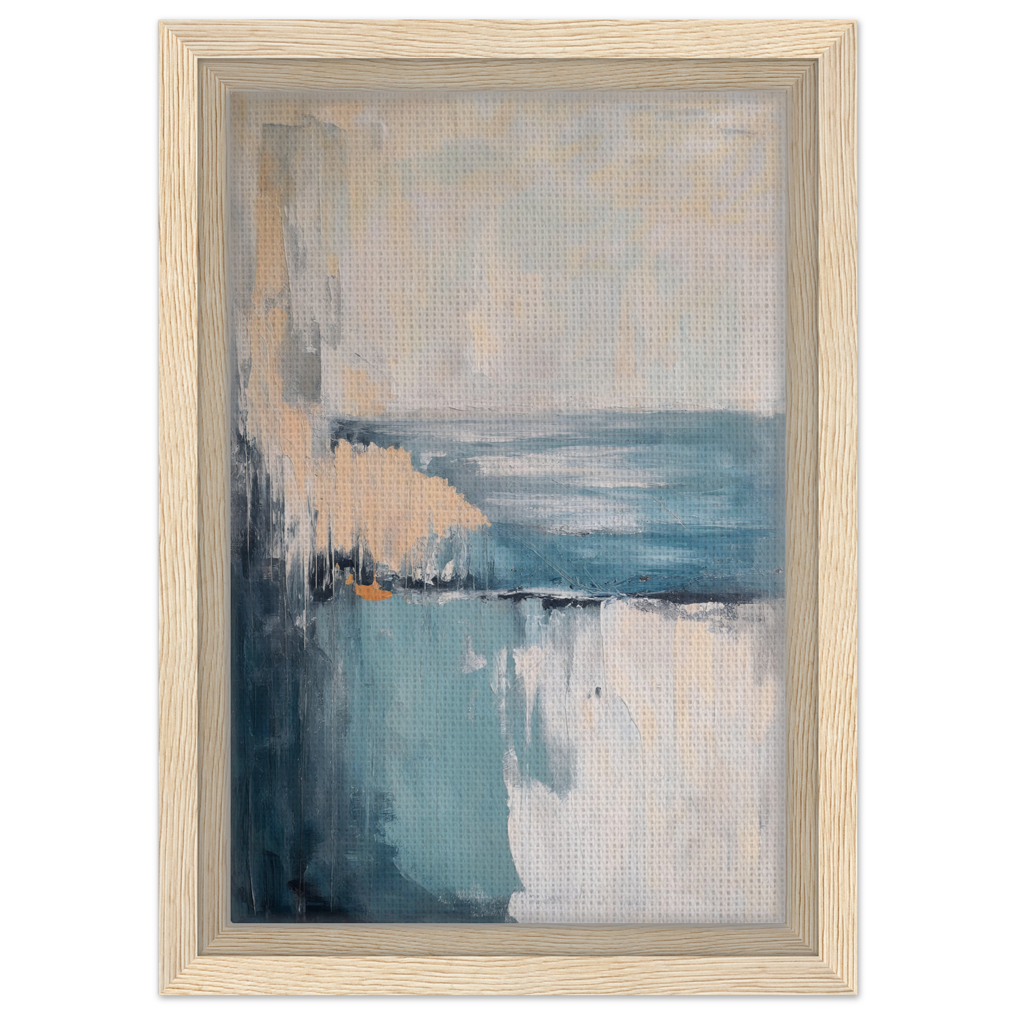 Abstract painting in muted blue, gray, and beige tones for Turbulent Serenity Mare room decor