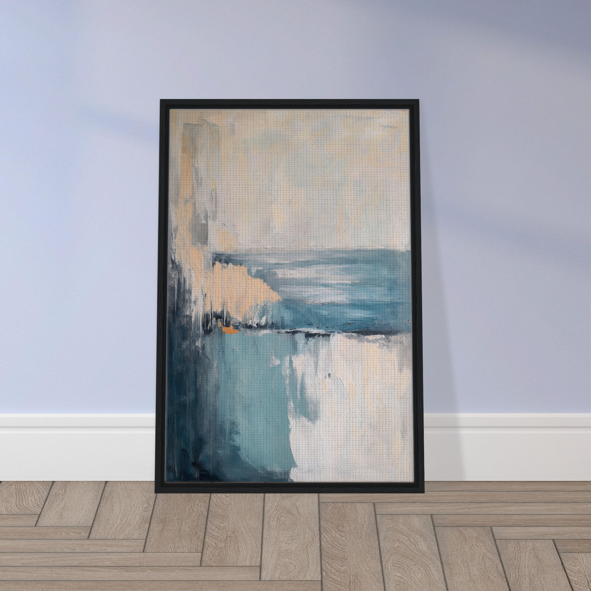 Abstract painting in black frame featuring muted blue and beige tones, Turbulent Serenity Mare