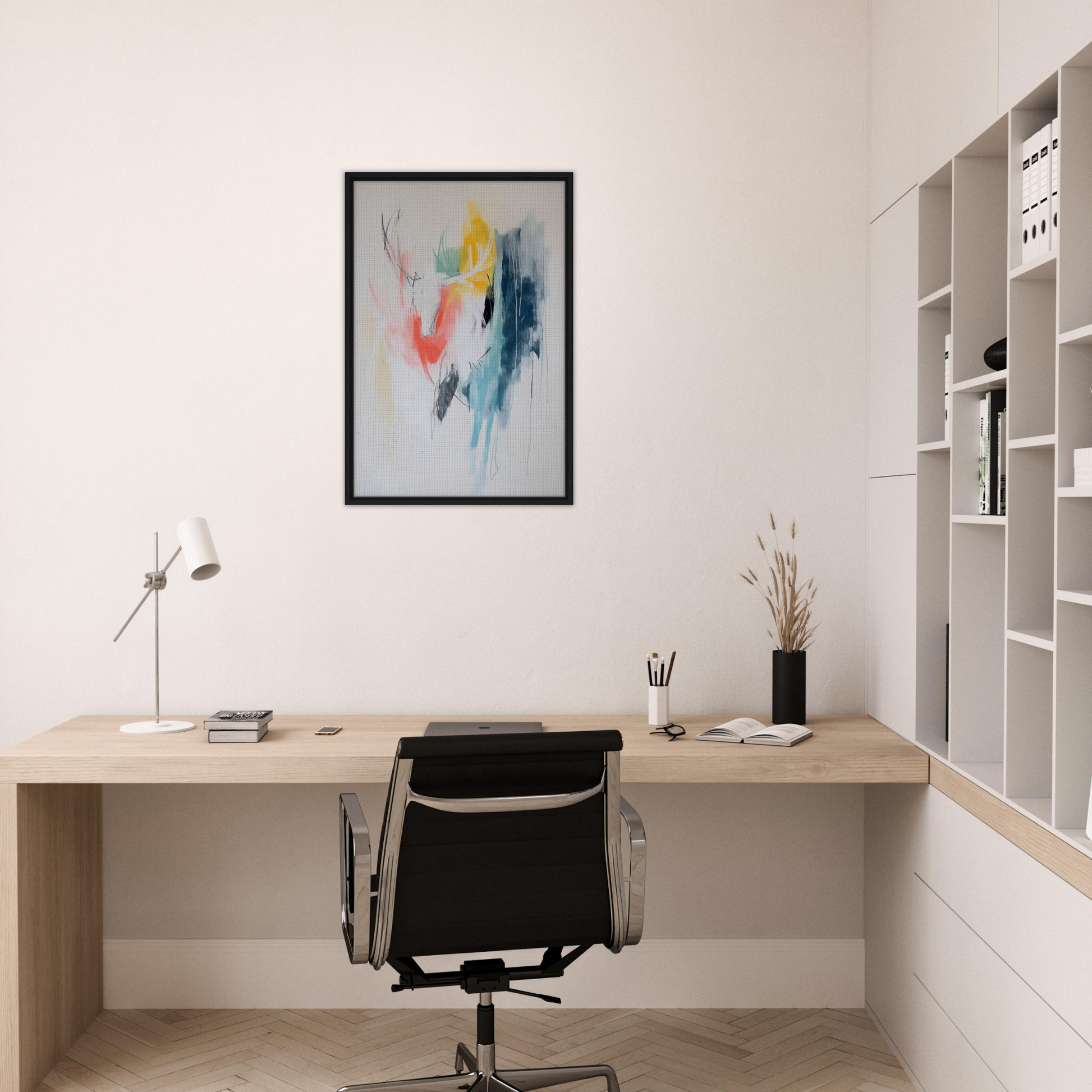 Minimalist home office with wooden desk, black chair, and Turquoise Reverberations Dance wall art