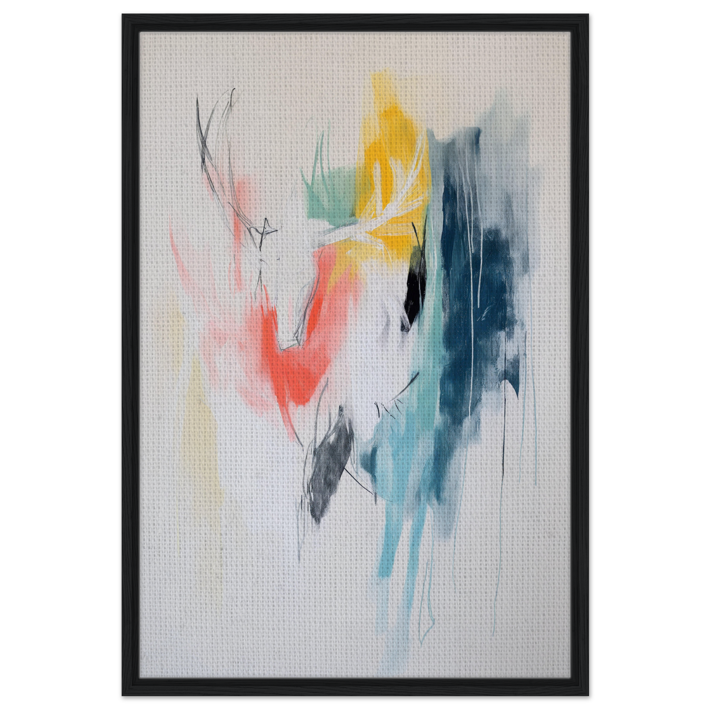 Abstract painting with colorful brushstrokes on light background in Turquoise Reverberations Dance framed canvas print