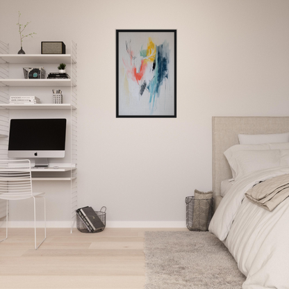 Modern bedroom with minimalist decor highlighting Turquoise Reverberations Dance framed canvas print