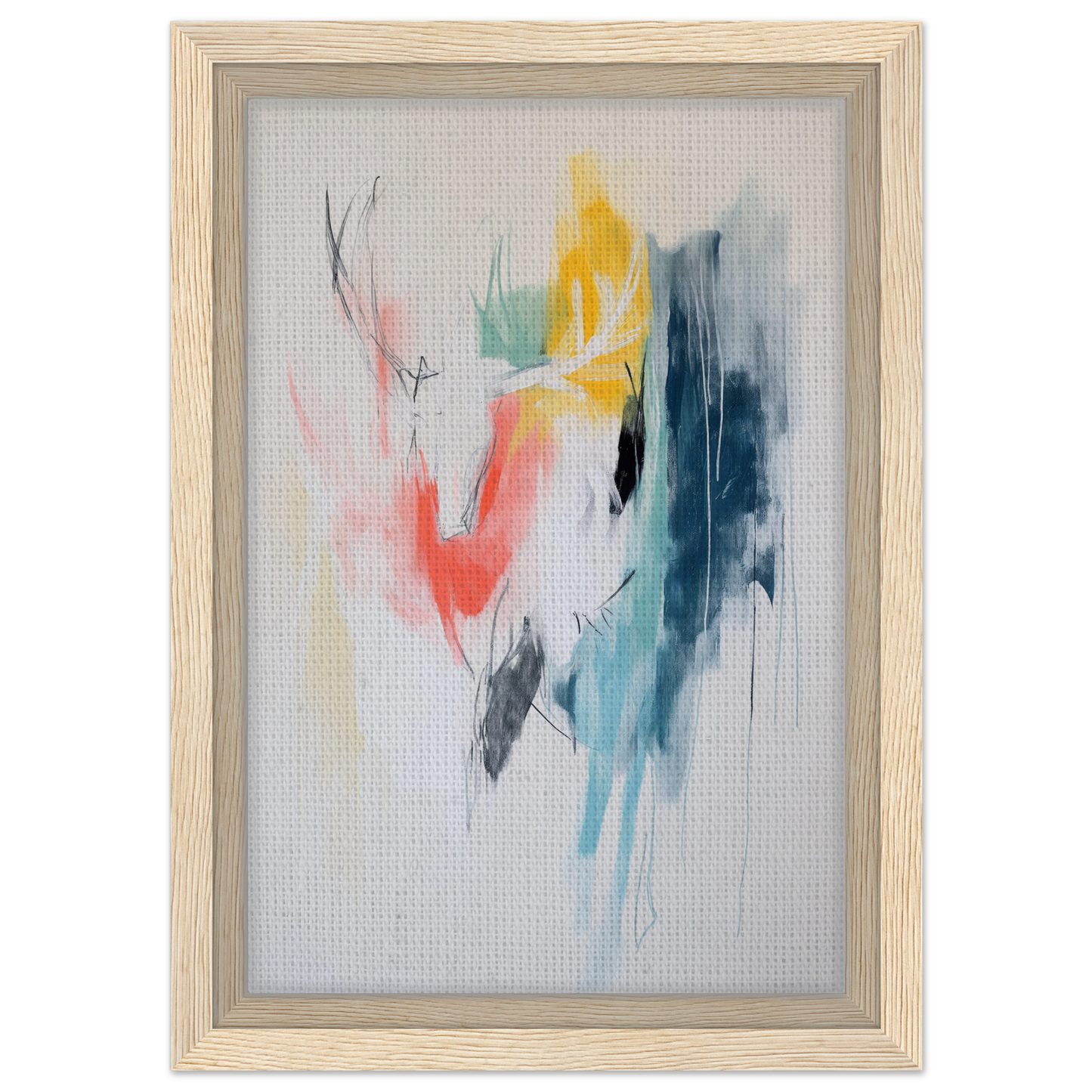 Abstract watercolor painting in light wooden frame, Turquoise Reverberations Dance for room decor