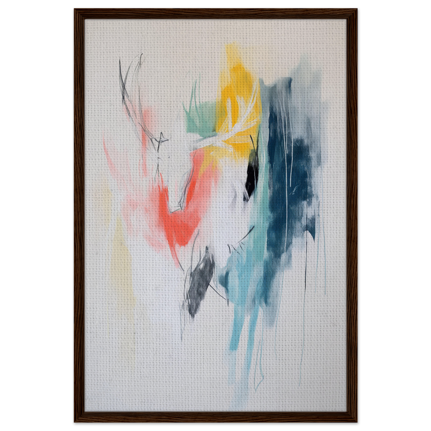 Abstract painting titled Turquoise Reverberations Dance, framed canvas print with colorful brushstrokes