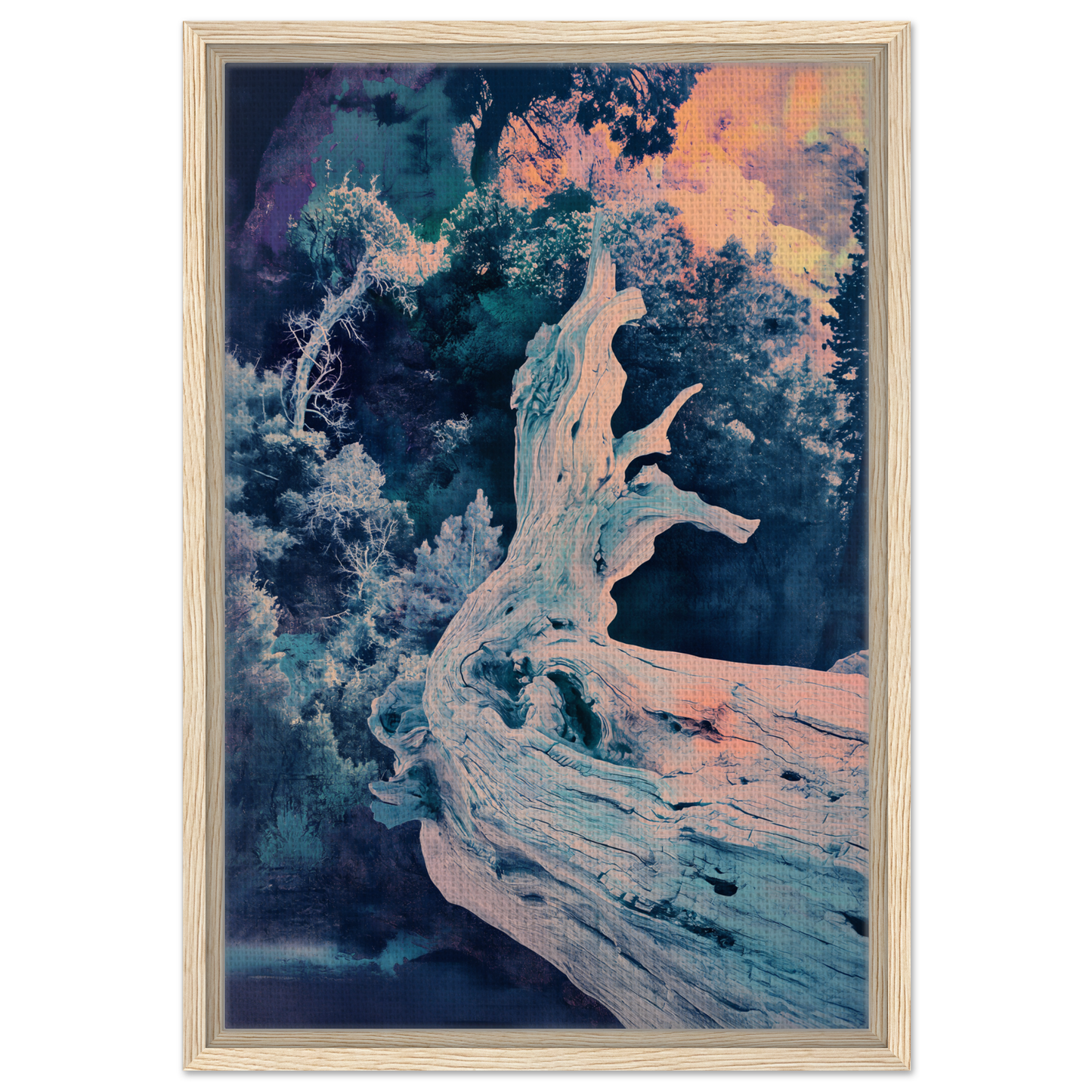 Twilight Tree Symphony artwork featuring a twisted tree trunk on a premium framed canvas