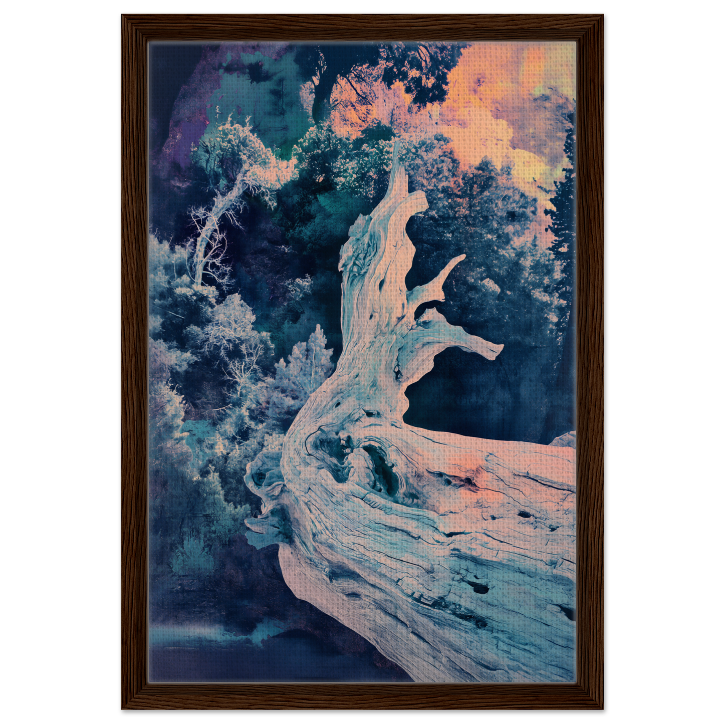 Abstract painting of swirling shapes in blue, white, and peach for Twilight Tree Symphony framed canvas