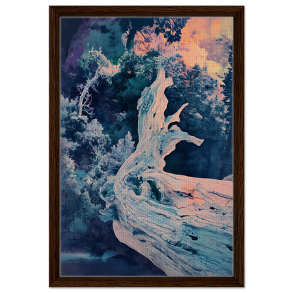 Abstract painting of swirling shapes in blue, white, and peach for Twilight Tree Symphony framed canvas