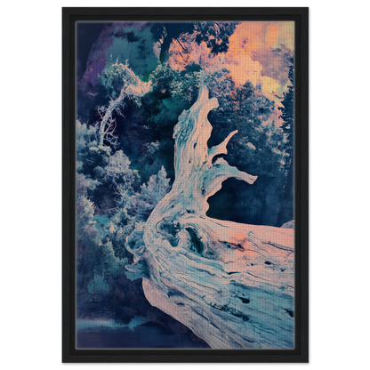 Twilight Tree Symphony premium framed canvas featuring a gnarled tree trunk on dark background