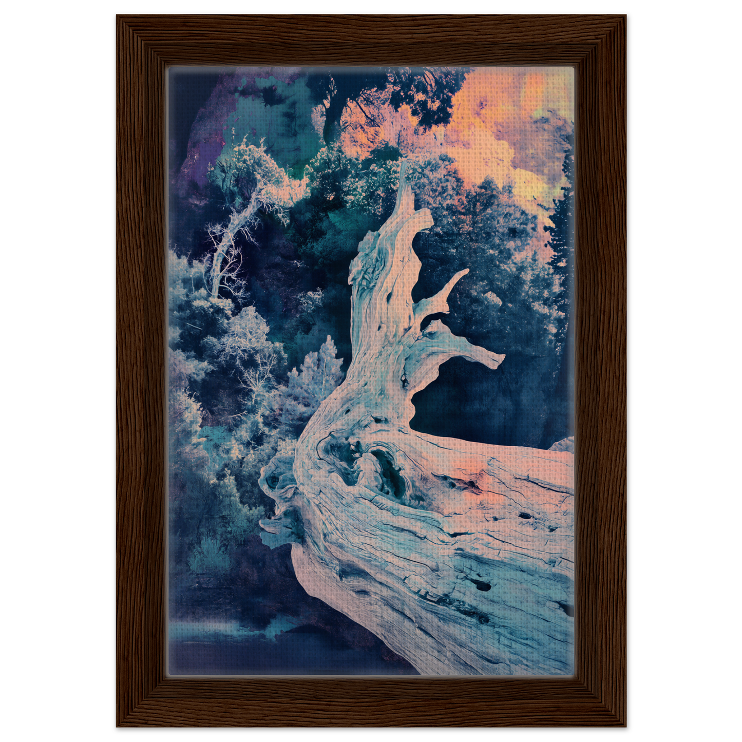 Gnarled tree trunk with pale bark in Twilight Tree Symphony premium framed canvas decor