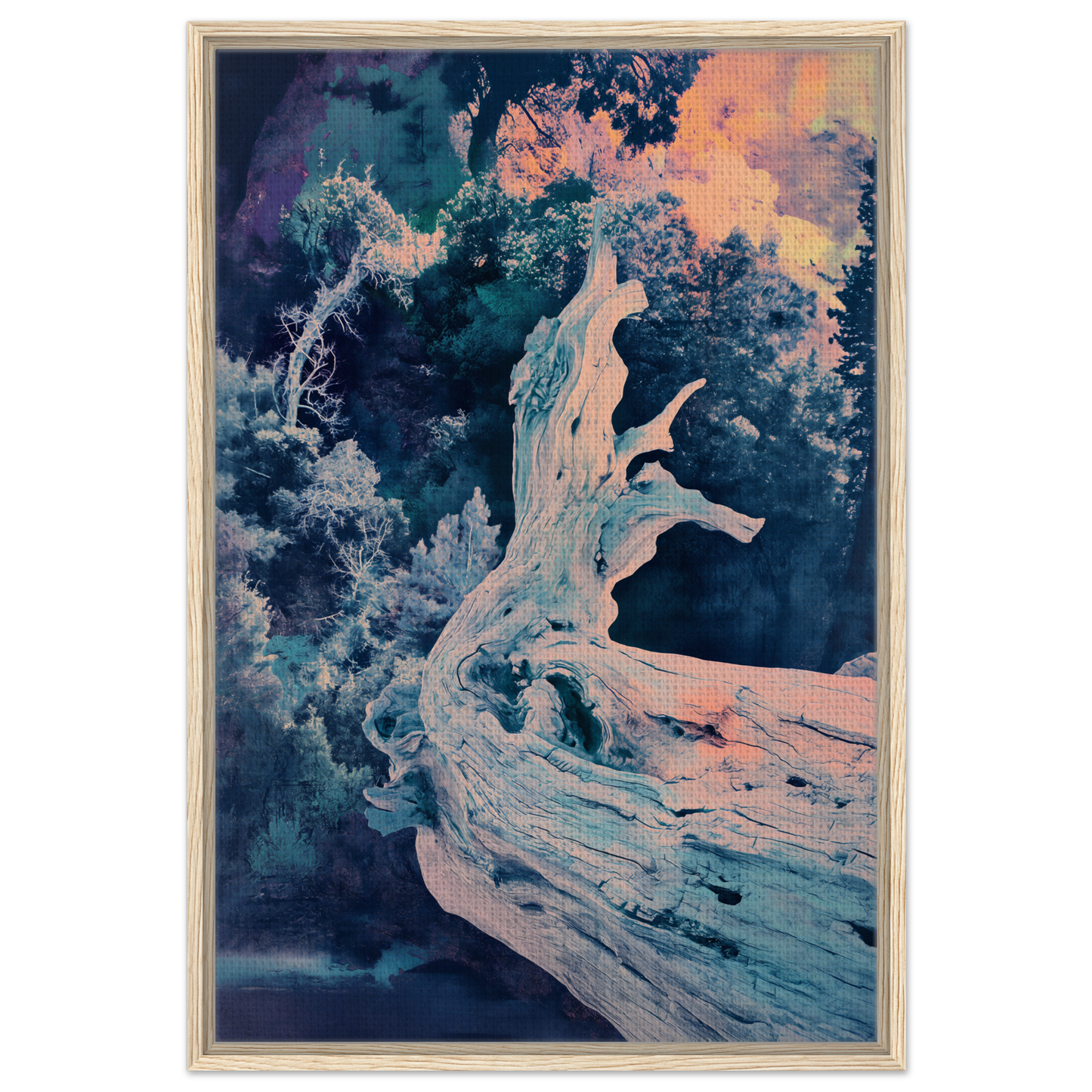 Twilight Tree Symphony featuring a gnarled tree trunk on premium framed canvas room decor