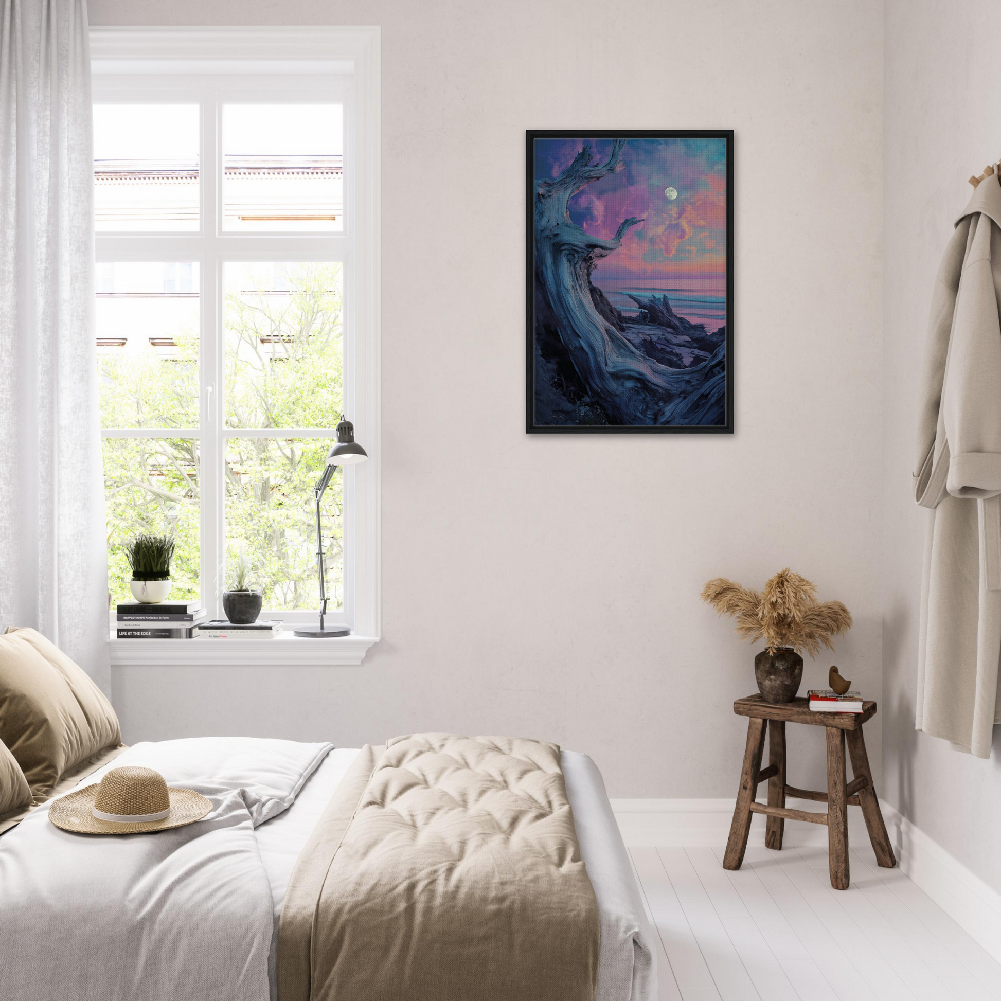 Framed canvas print of Twilight’s Dream Tendril showcasing a vibrant surreal coastal scene