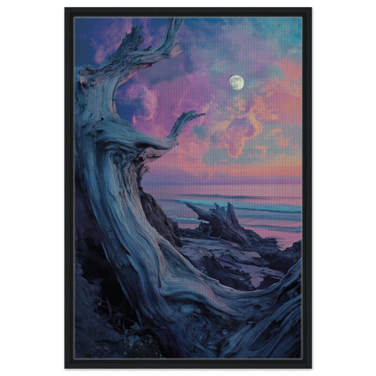 Twisted gnarled tree trunk under a surreal twilight sky in Twilight’s Dream Tendril framed canvas print