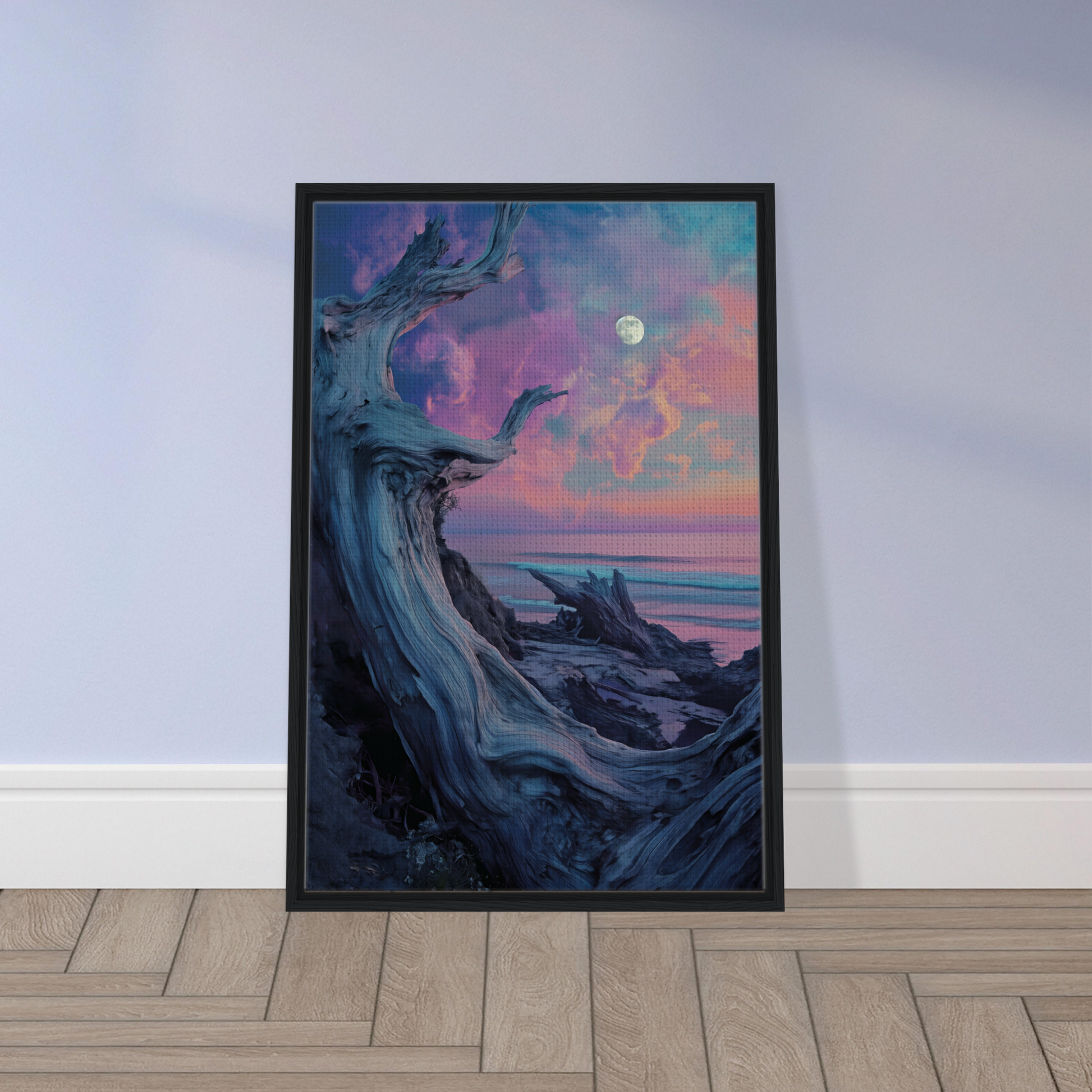 Framed painting of a twisted tree at sunset, Twilight’s Dream Tendril room decor