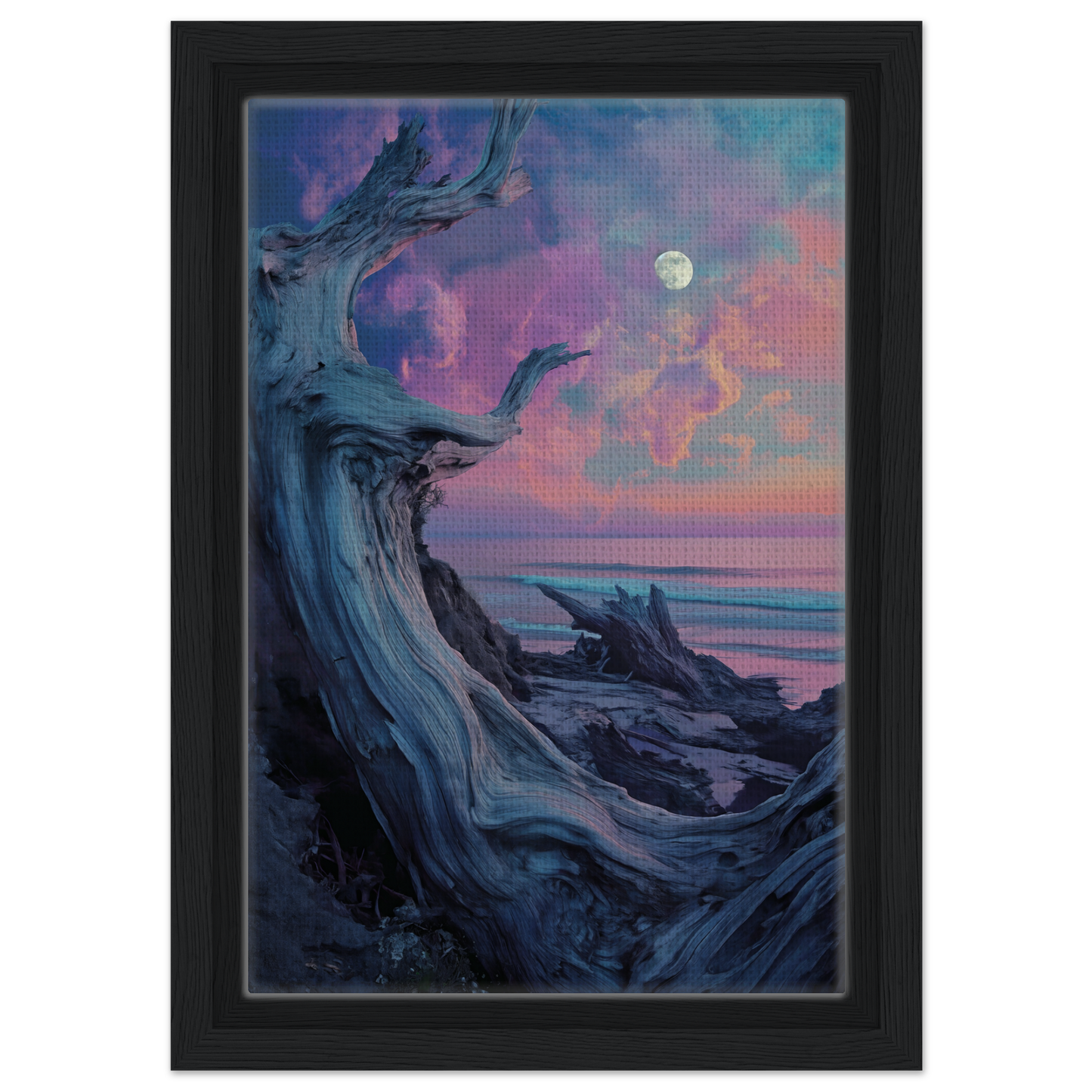 Twilight’s Dream Tendril: Gnarled tree trunk with colorful twilight sky in framed canvas print