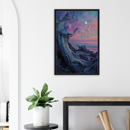 Framed canvas print of Twilight’s Dream Tendril featuring a mystical tree at twilight