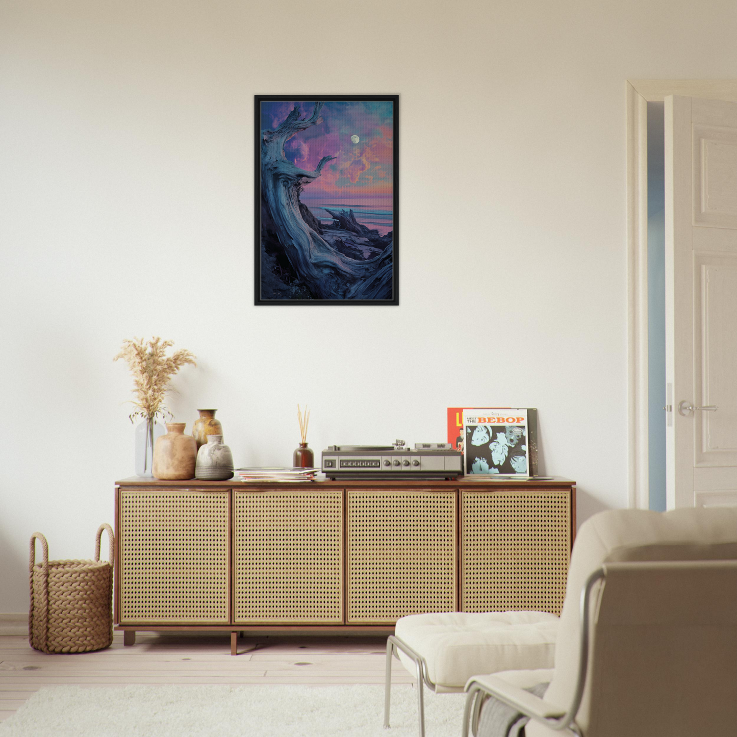 Wooden sideboard with cane-webbed doors, styled as Twilight’s Dream Tendril room decor