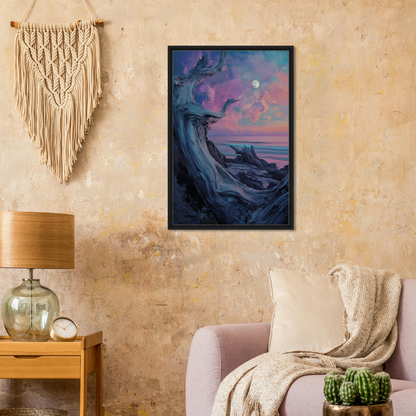 Framed canvas print of Twilight’s Dream Tendril with surreal coastal landscape and purple sky