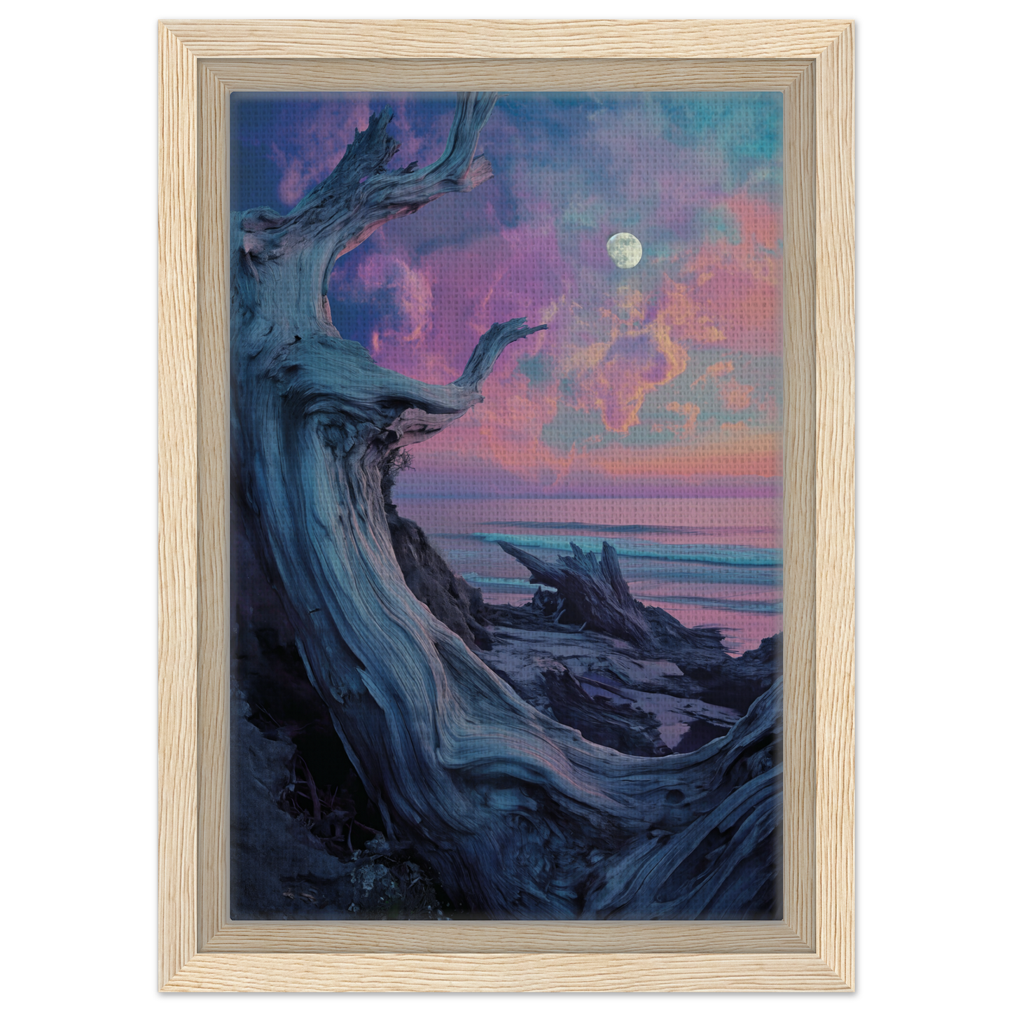 Twilight’s Dream Tendril framed canvas print of a gnarled tree against a colorful twilight sky