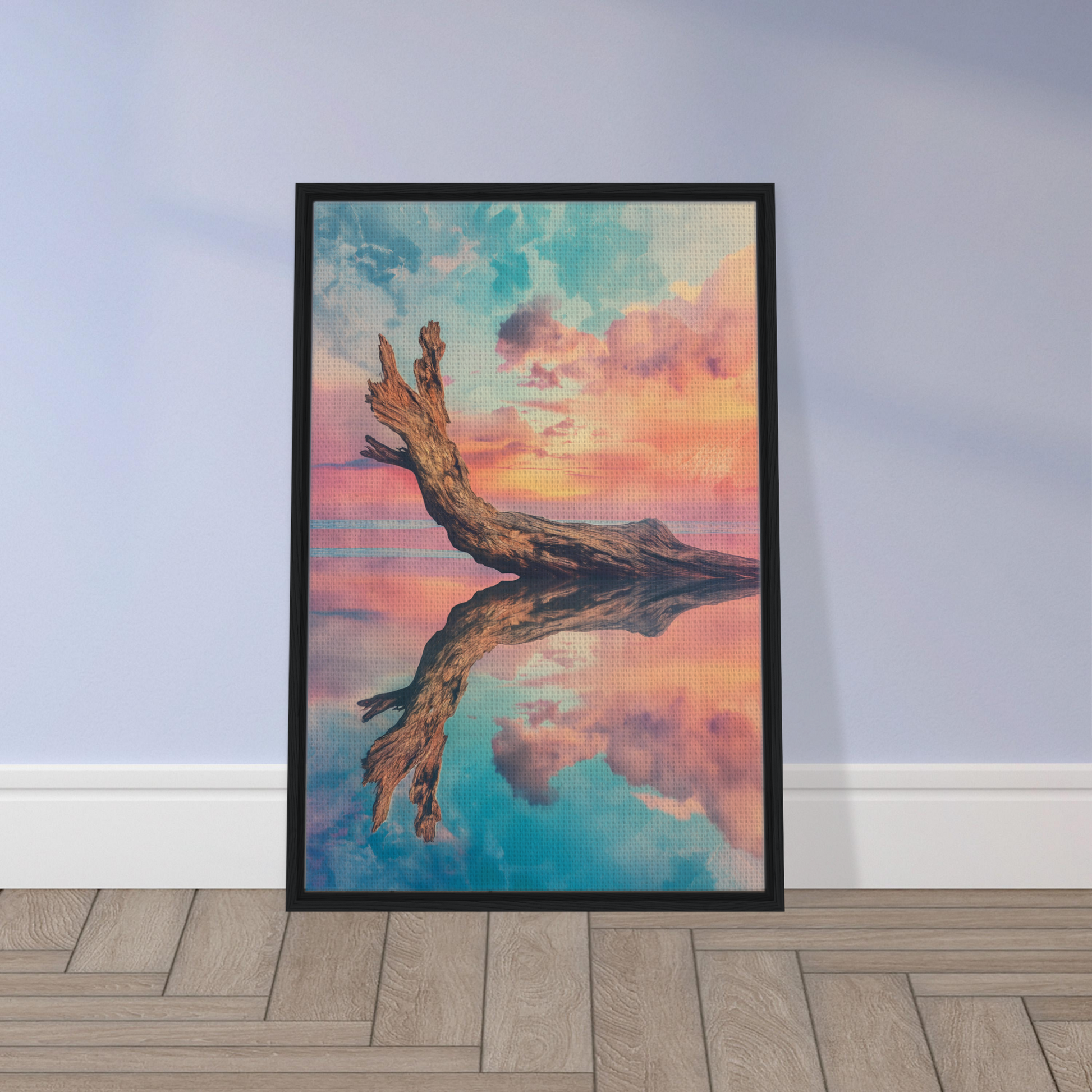 Framed canvas print of Twilight’s Metamorphosis Dreams with colorful sky reflection