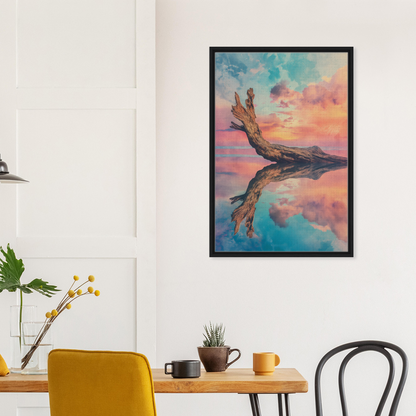 Framed canvas print of gnarled tree branch reflection at sunset in Twilight’s Metamorphosis Dreams