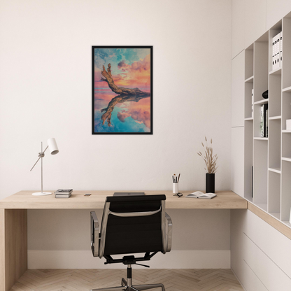 Minimalist home office workspace featuring Twilight’s Metamorphosis Dreams framed canvas print