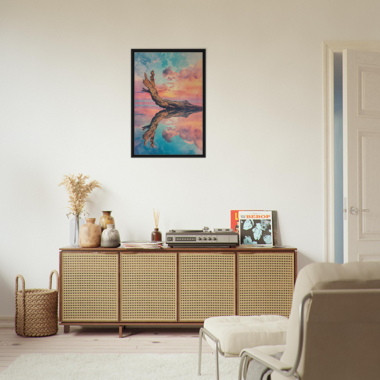 Wooden sideboard with cane-webbed doors for Twilight’s Metamorphosis Dreams room decor