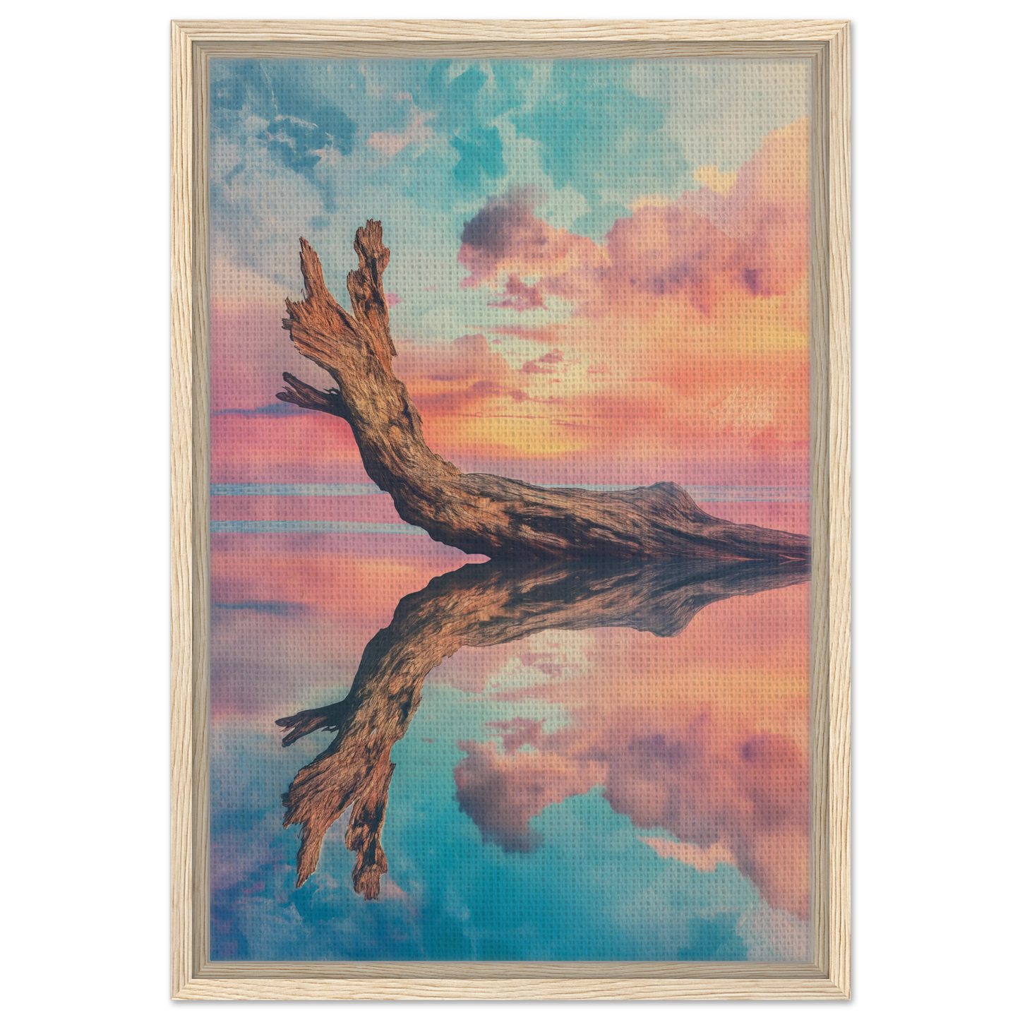 Weathered driftwood reflects colorful water at sunset in Twilight’s Metamorphosis Dreams