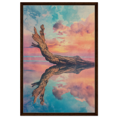 Weathered driftwood log in reflective water for Twilight’s Metamorphosis Dreams framed canvas print