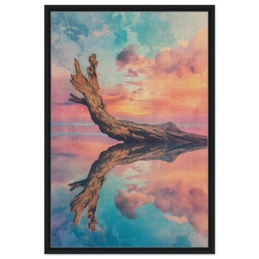 Weathered driftwood log in reflective water for Twilight’s Metamorphosis Dreams canvas print