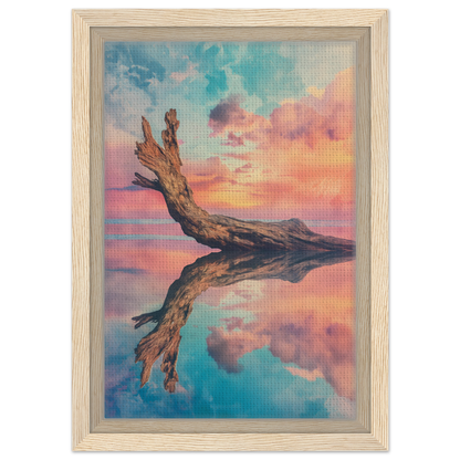 Weathered driftwood log reflected in calm water at sunset for Twilight’s Metamorphosis Dreams