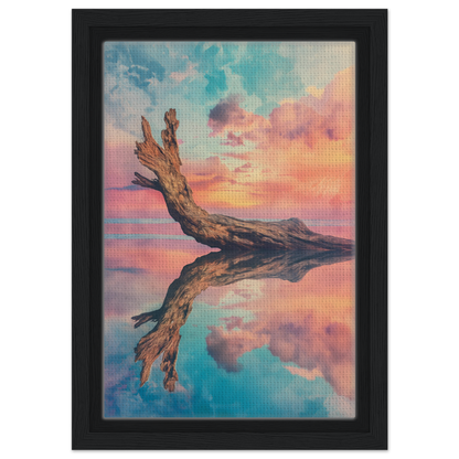 Weathered driftwood log reflected in calm water at sunset for Twilight’s Metamorphosis Dreams