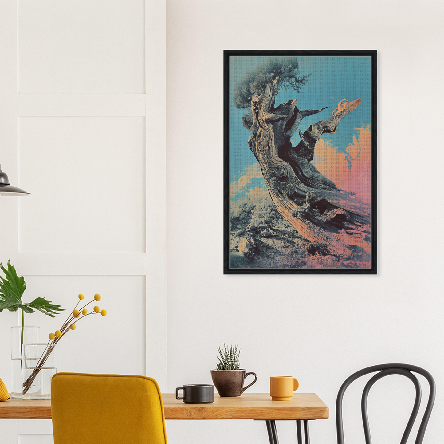 Framed artwork of Twilight’s Twisted Ode featuring a surreal tree against a colorful sky